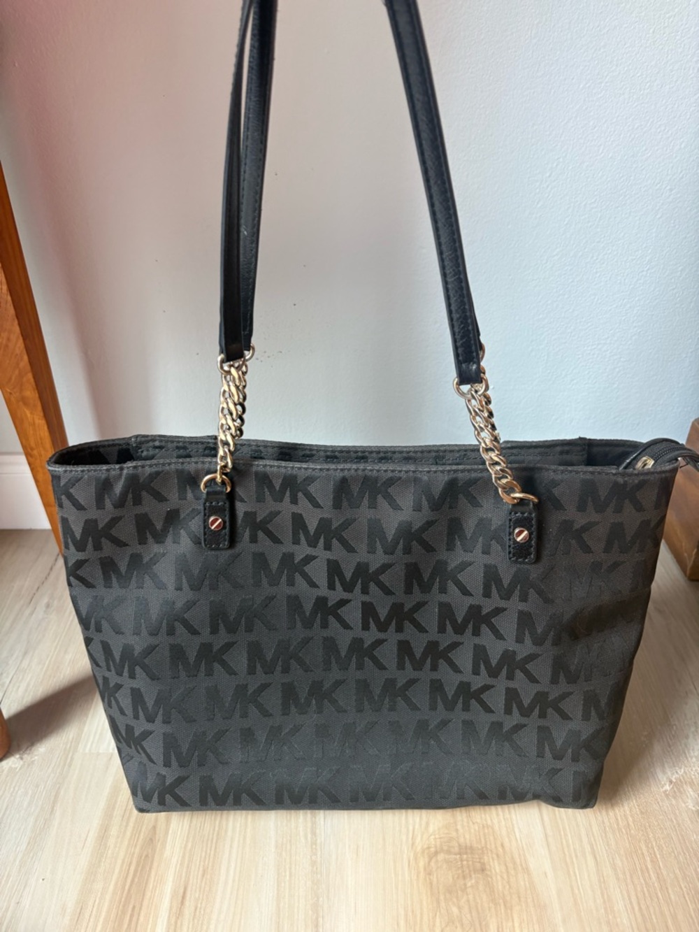 Michael Kors Black MK Logo Bag with Gold Chain Accents